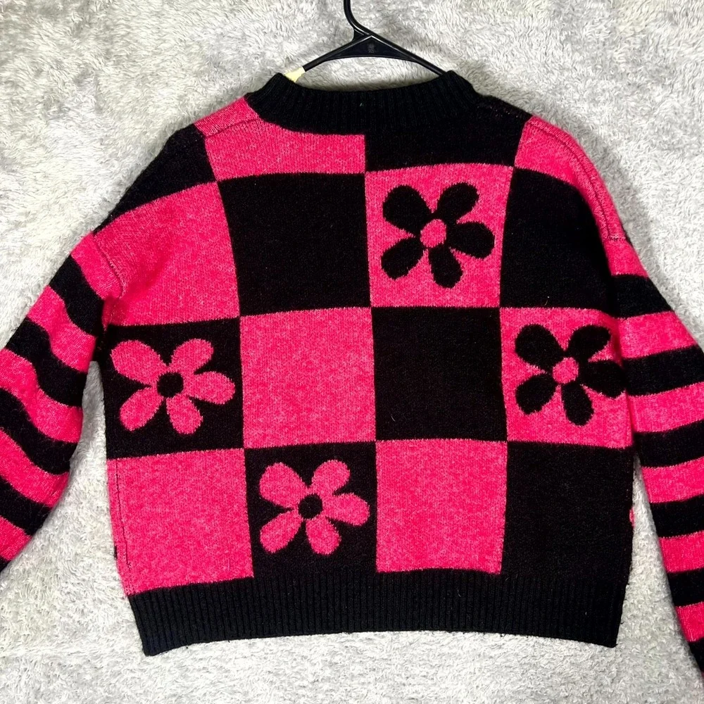 Zara Sweater Womens Small Pink Black Stretch Checkered Long Sleeve Crewneck - Picture 2 of 8